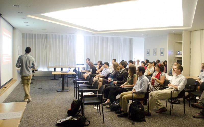 Undergraduate student talking during his oral presentation