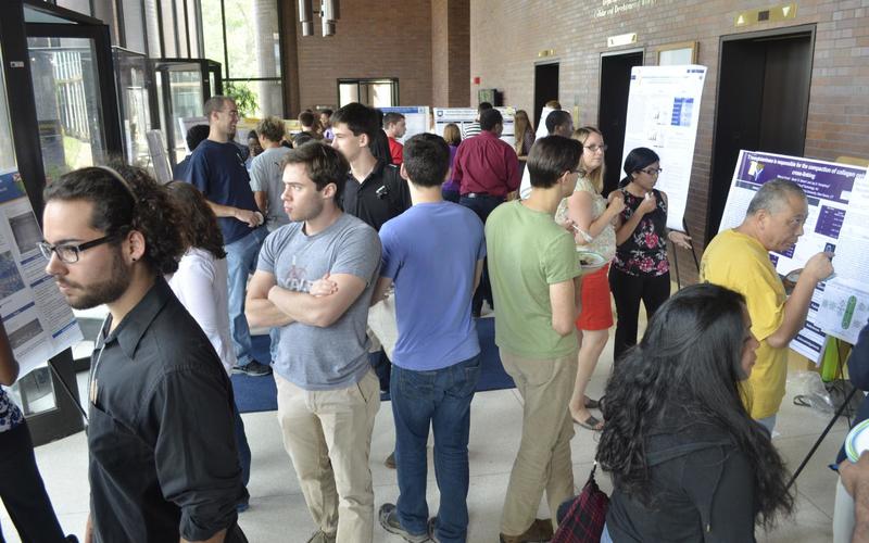 Large group of people talking with one another with posters around the perimeter of the room