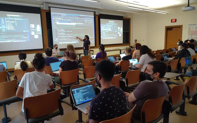 PEB graduate student points to a line of code while REU students code along on their own computers