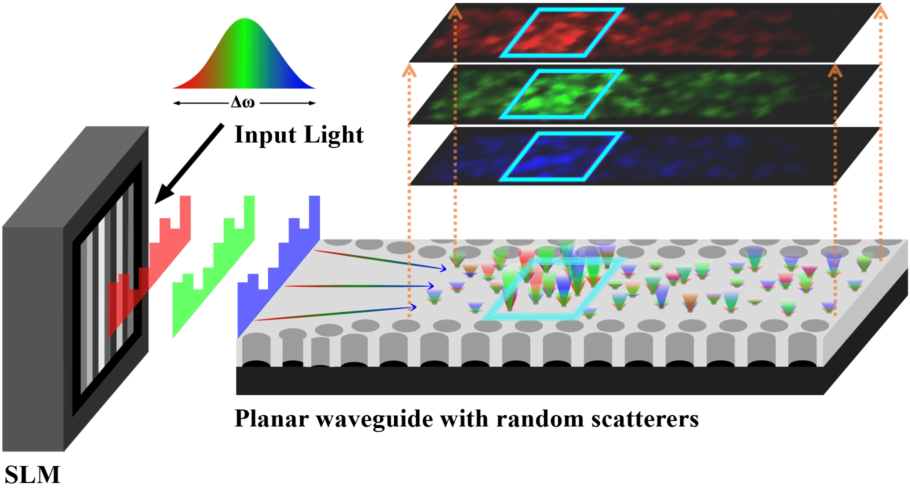 Cartoon depicting delivering broadband light deep inside diffusive media