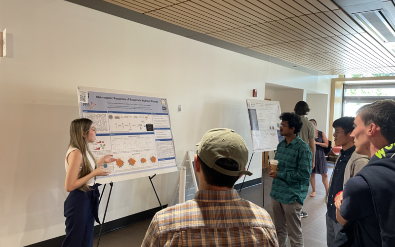 Keylianis is standing in front of her poster with a small group of people listening to her presentation