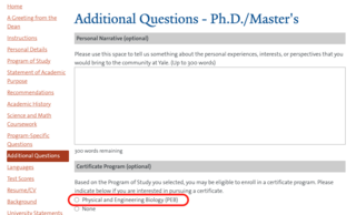 Screenshot of the Additional Questions tab of the Yale graduate application page showing the option to select PEB under Certificate Program