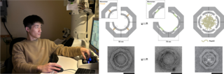 Left: Eason working in the lab; Right: Diagram of DNA origami structure with FG-Nups