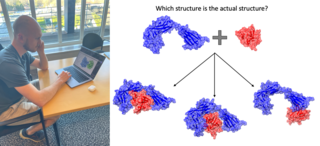 Left: Jake looking at a pair of protein structure on his computer; Right: Structures of two proteins interacting in multiple conformations with the question "which structure is the actual structure"