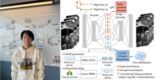 Daiyao standing in front of a whiteboard (left) and a diagram overview of her research (right)