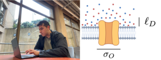 Left: Jose working at computer; Right: diagram of an ion channel